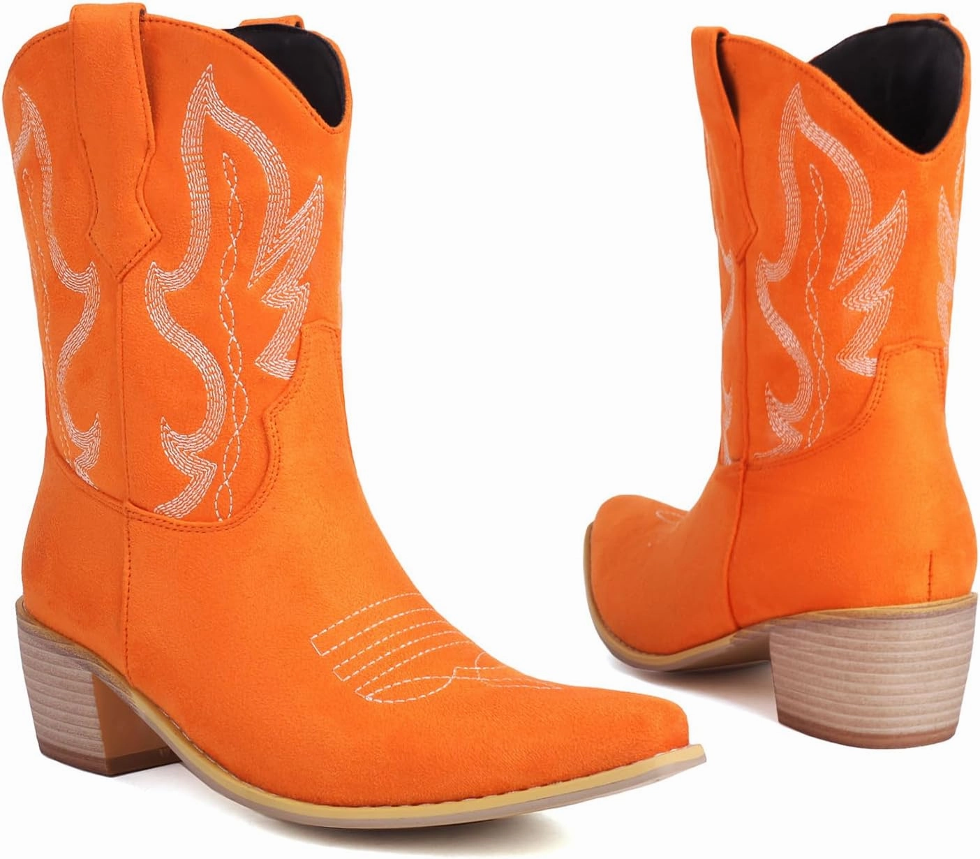 Cozivwaiy Classic Cowboy Booties Embroidered Women Pointed Toe Ankle Boots Western Country Boots Pull on Block Heel Booties