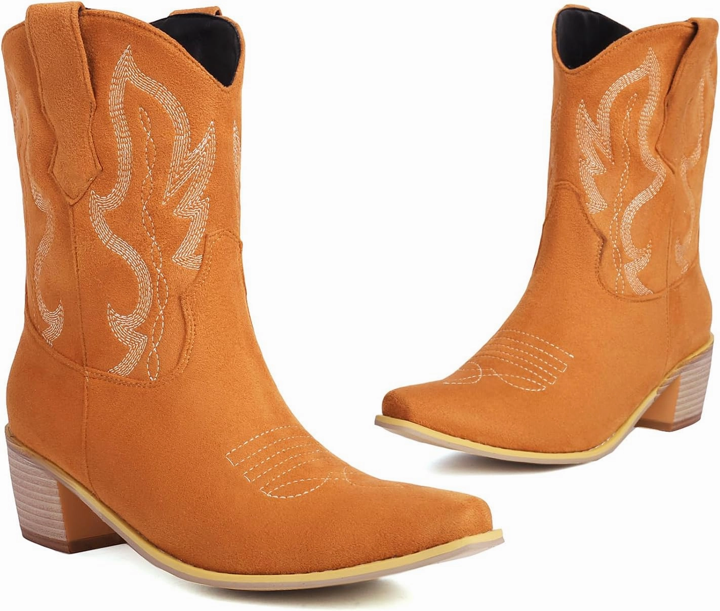Cozivwaiy Classic Cowboy Booties Embroidered Women Pointed Toe Ankle Boots Western Country Boots Pull on Block Heel Booties