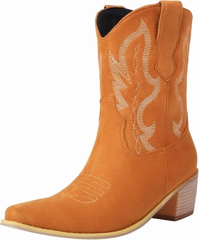 Cozivwaiy Classic Cowboy Booties Embroidered Women Pointed Toe Ankle Boots Western Country Boots Pull on Block Heel Booties