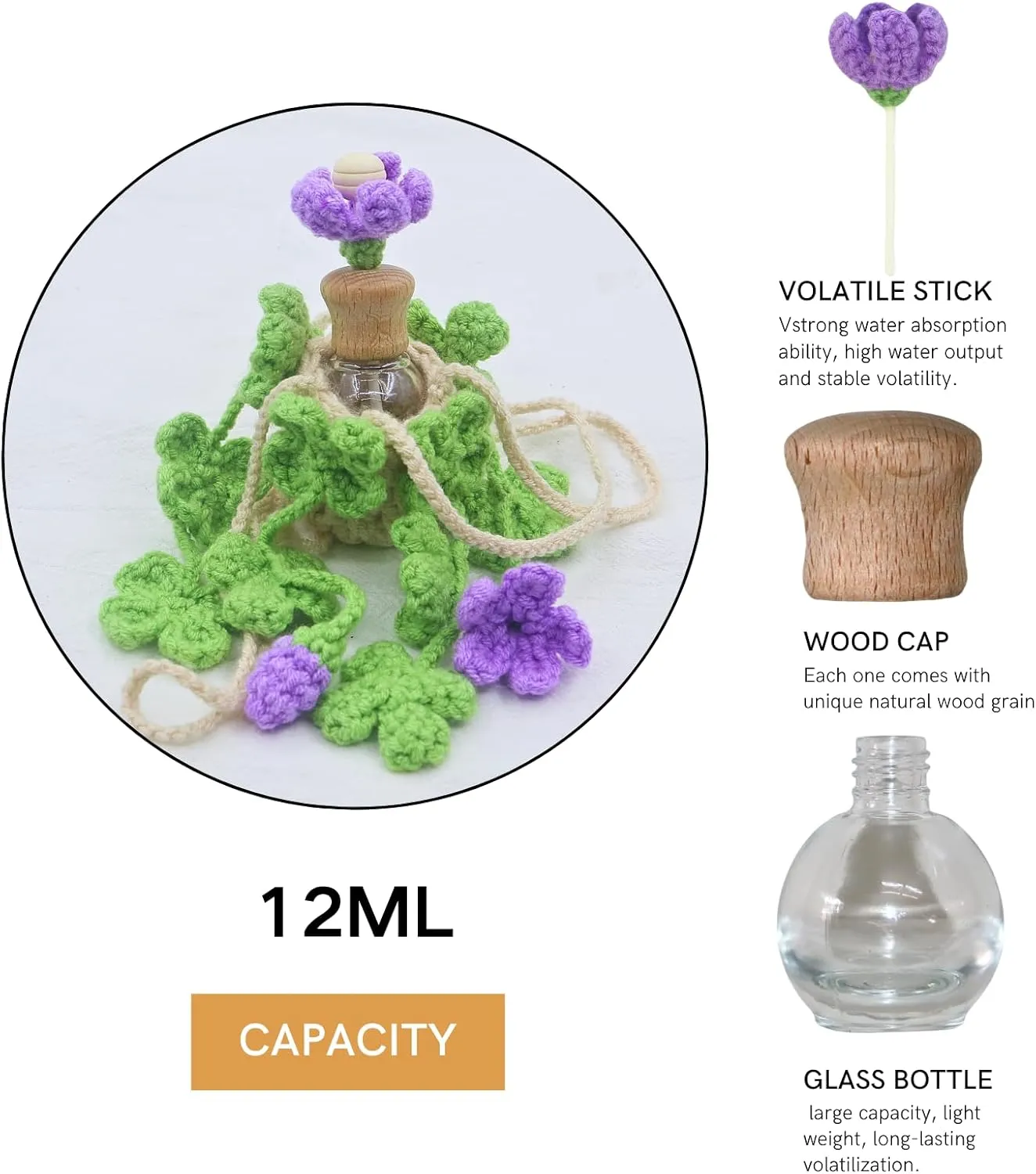 Crochet Car Air Freshener,12ml Empty Refillable Car Oil Diffuser Bottle with Cute Crochet Plants Car Mirror Decor Hanging,Car Accessories for Women,Crochet Accessories Car Decor (Clover)