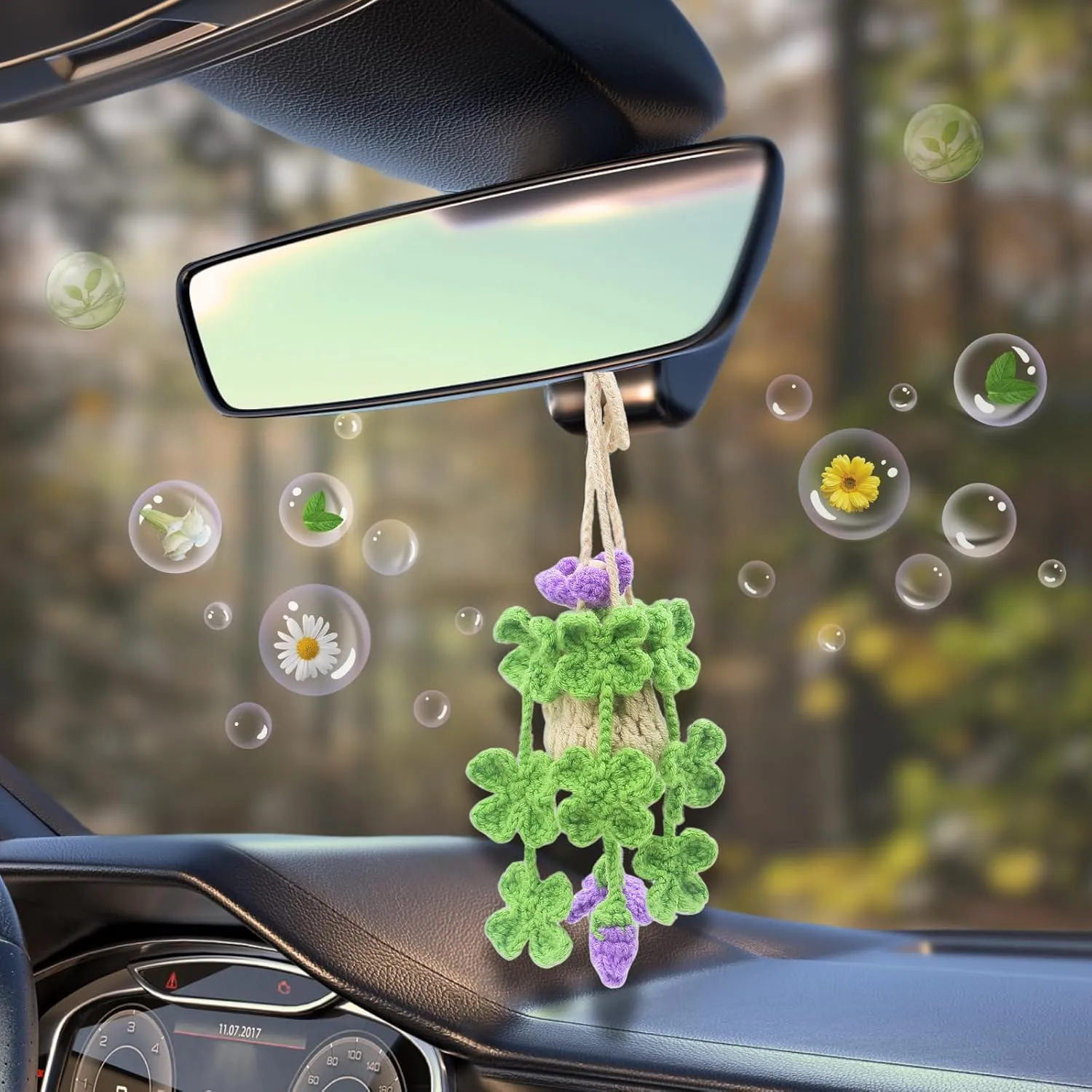 Crochet Car Air Freshener,12ml Empty Refillable Car Oil Diffuser Bottle with Cute Crochet Plants Car Mirror Decor Hanging,Car Accessories for Women,Crochet Accessories Car Decor (Clover)