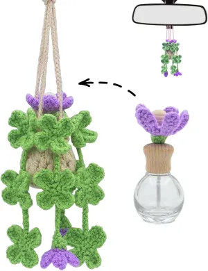 Crochet Car Air Freshener,12ml Empty Refillable Car Oil Diffuser Bottle with Cute Crochet Plants Car Mirror Decor Hanging,Car Accessories for Women,Crochet Accessories Car Decor (Clover)