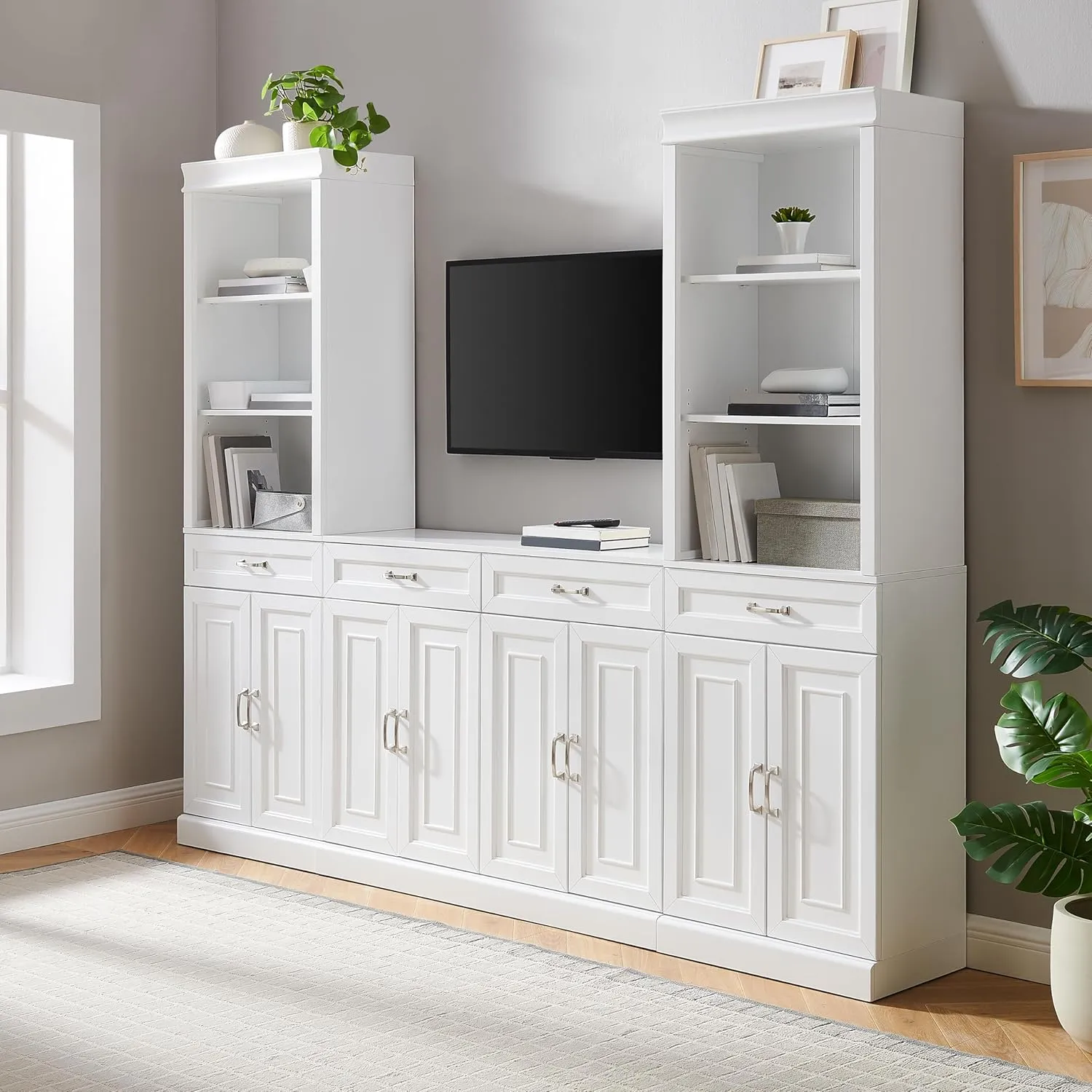 Crosley Furniture Stanton 3-Piece Sideboard and Storage Bookcase Set, Bookshelf Cabinet with Buffet, White