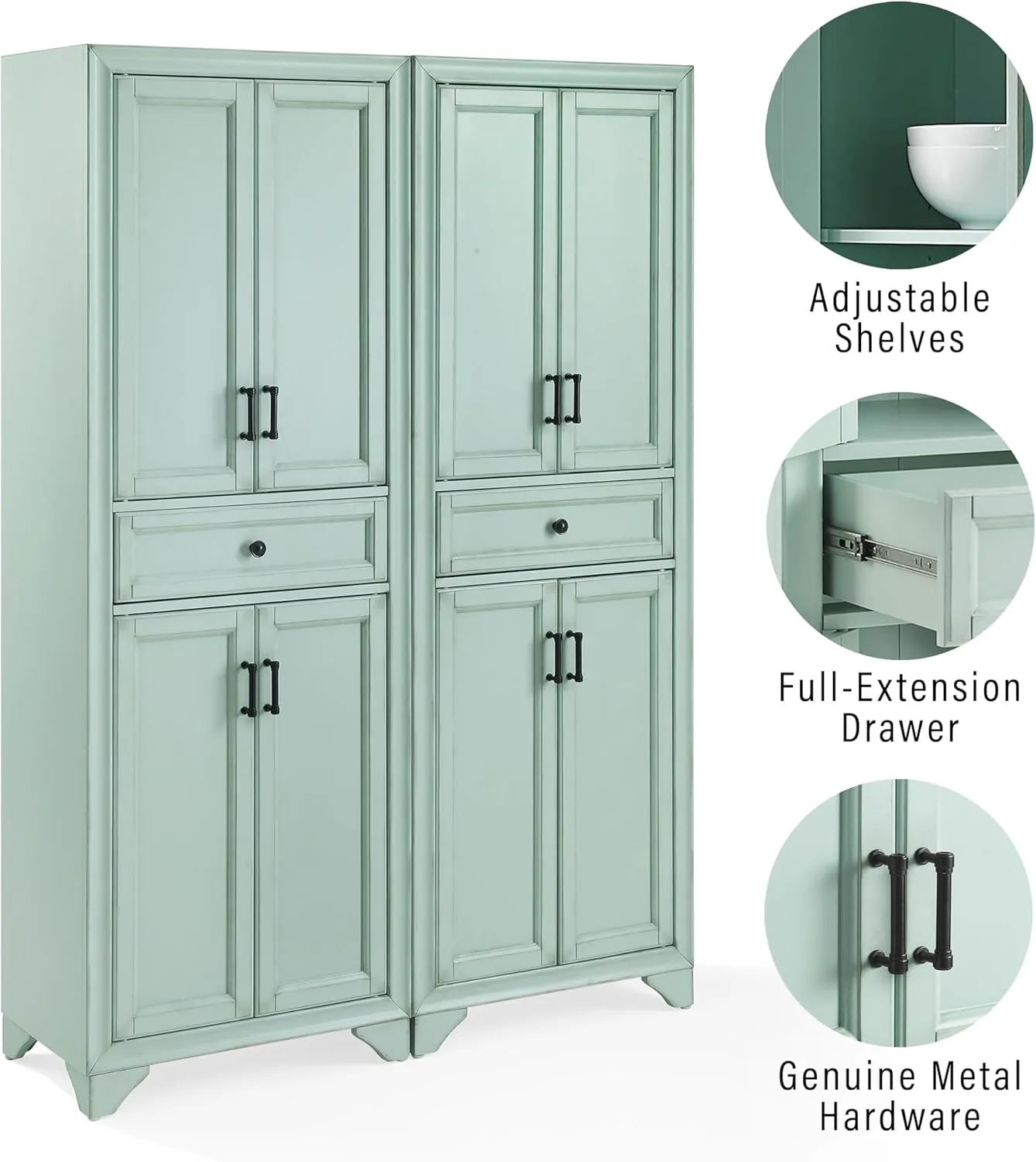 Crosley Furniture Tara 2-Piece Pantry Storage Cabinet Set with Shelves, Kitchen, Dining, or Laundry Room, Distressed Seafoam Blue