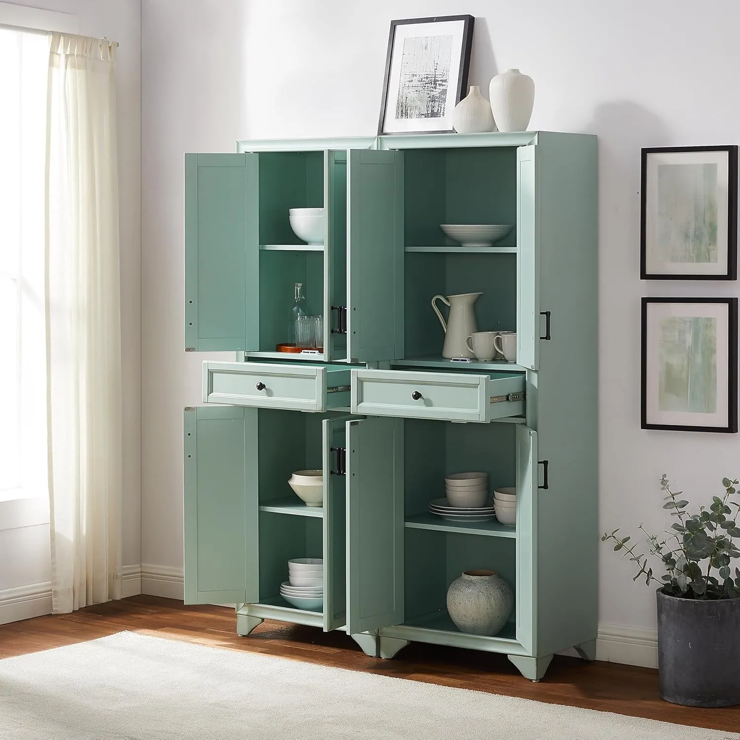 Crosley Furniture Tara 2-Piece Pantry Storage Cabinet Set with Shelves, Kitchen, Dining, or Laundry Room, Distressed Seafoam Blue