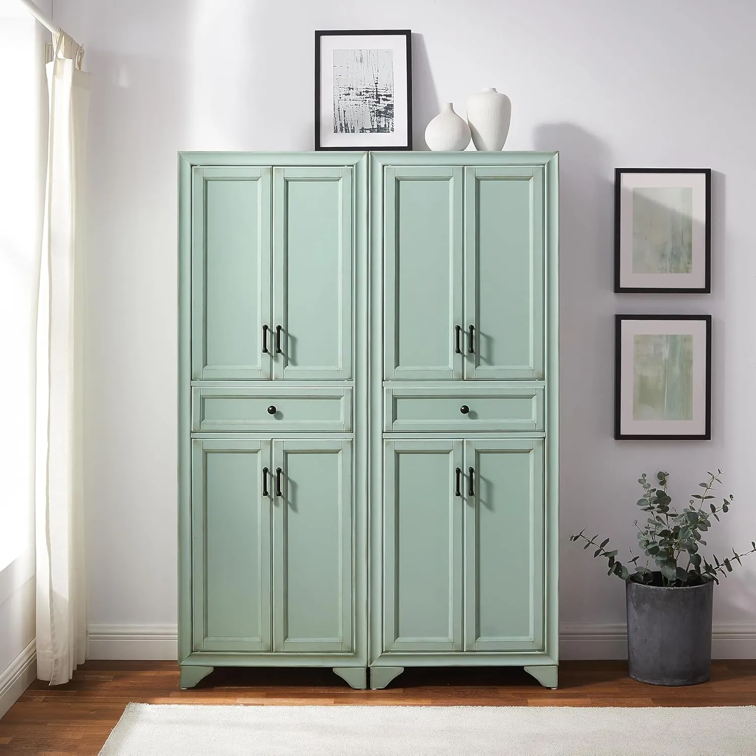 Crosley Furniture Tara 2-Piece Pantry Storage Cabinet Set with Shelves, Kitchen, Dining, or Laundry Room, Distressed Seafoam Blue