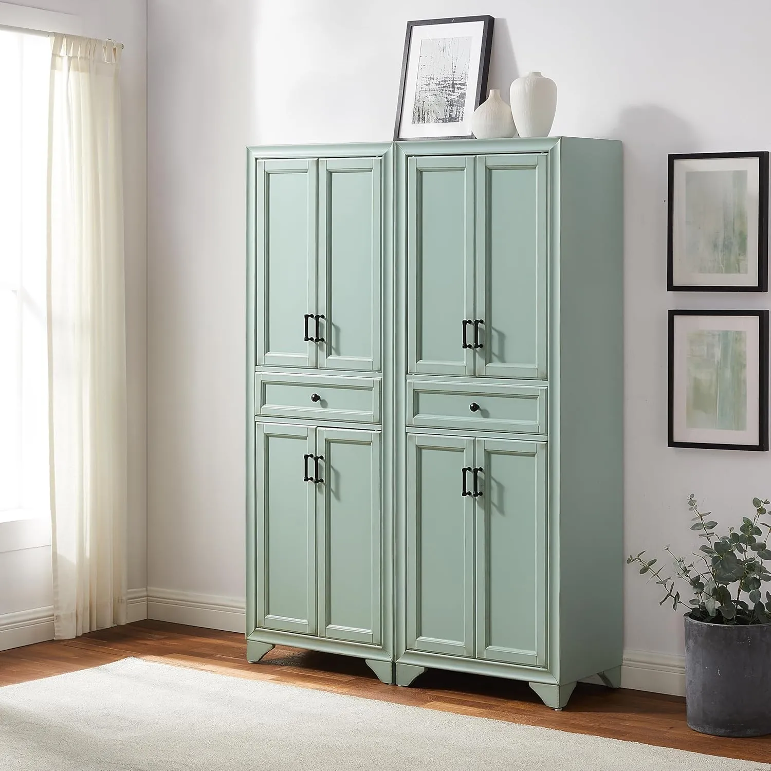 Crosley Furniture Tara 2-Piece Pantry Storage Cabinet Set with Shelves, Kitchen, Dining, or Laundry Room, Distressed Seafoam Blue