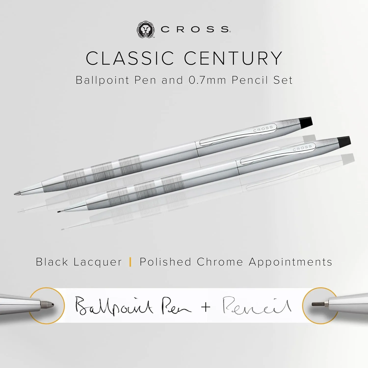 Cross Classic Century Refillable Pen & Pencil Gift Set Presented in a Luxury Gift Box - Medium Point, Black Ink, Satin Chrome