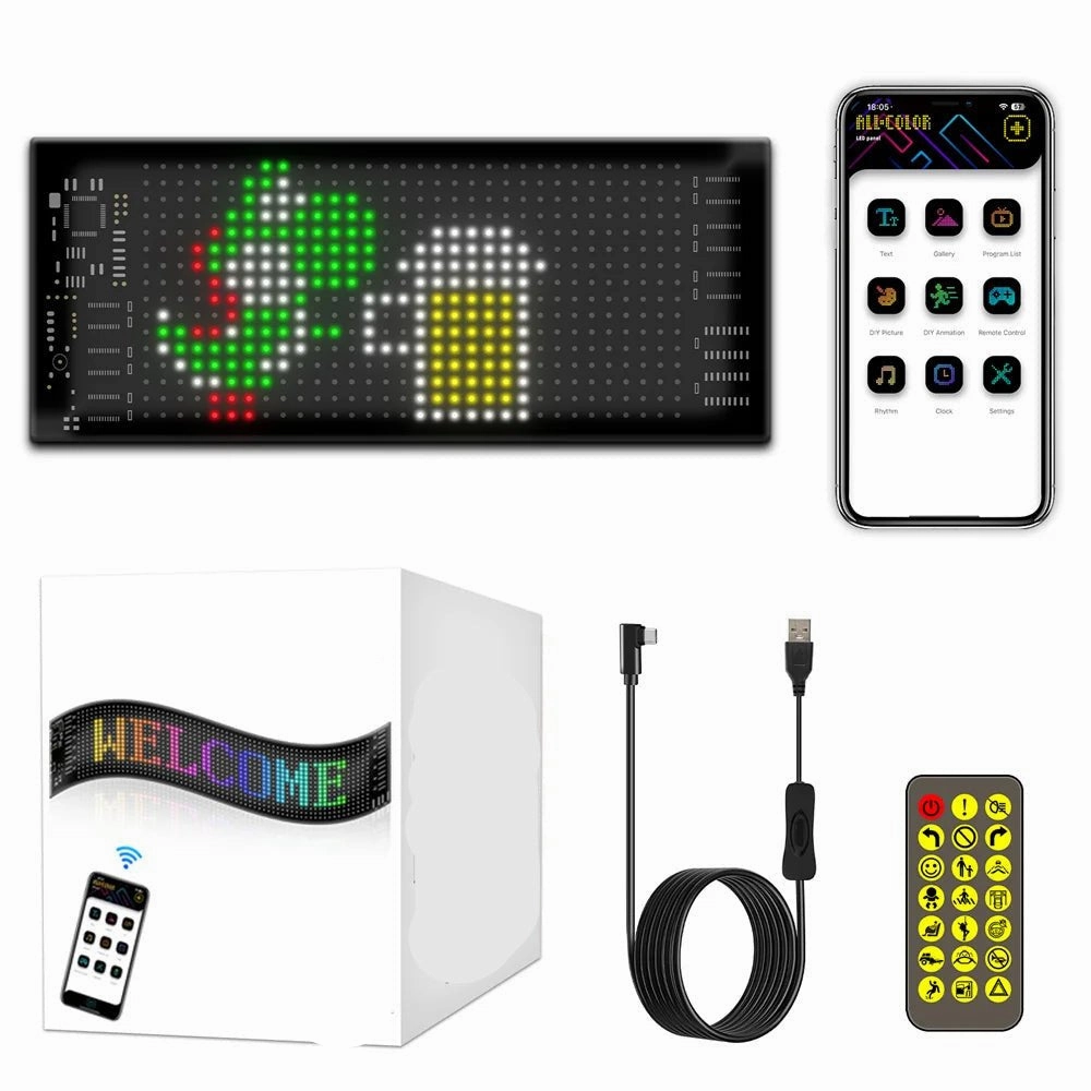 Customizable RGB LED Car Sign – Programmable Bluetooth Matrix Pixel Panel for Dynamic Animation & Flexible Display Lighting