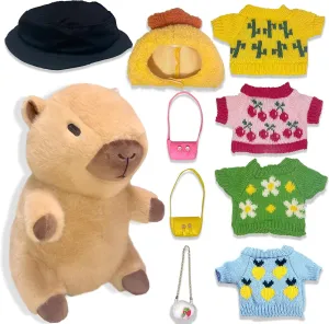 Cute Capybara Plush with 9 pcs Clothes & Accessories, Soft Capybara Stuffed Animal Capybara Plush Toy, Dress Up Kawaii Capybara Plushies Birthday Gifts for Kids Boys Girls 10.2 inch