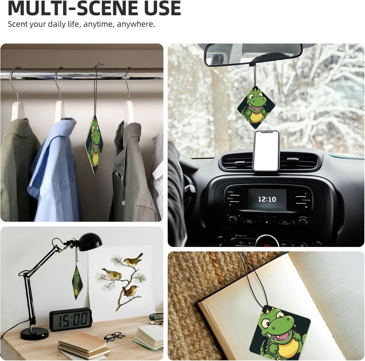 Cute crocodile cartoon Print Car Air Fresheners 4 Pcs Car Aromatherapy Tablets Hanging Air Freshener Wardrobe Pendant Fragrance Scented Cards for Rearview Mirror Bedroom Car Interior Decor