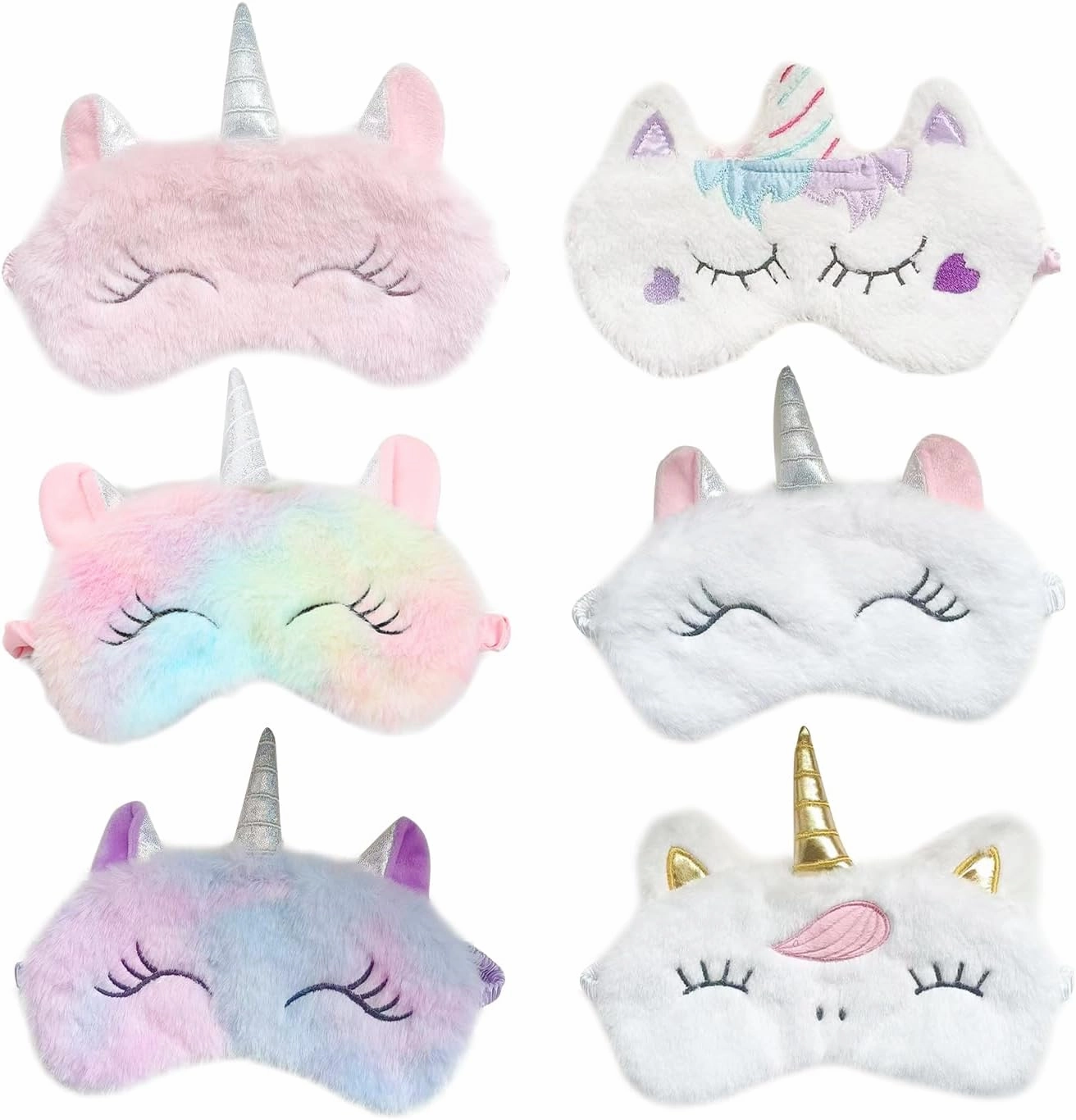 Cute Animal Sleeping Mask Soft Plush Blindfold Cute Rabbit Panda Koala Eye Cover Eyeshade for Kids Teens Girls Women (6Pack Unicorn)