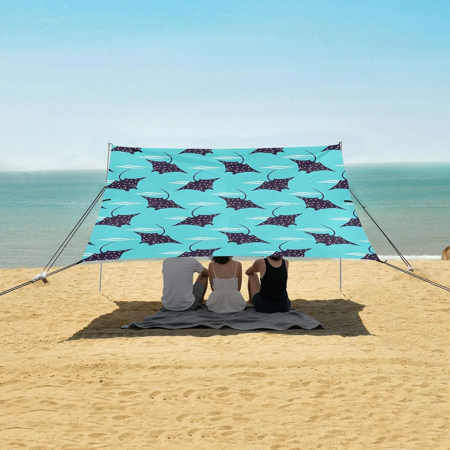 Cute Blue Manta Ray Beach Canopy Tent Anti-UV & Wind Resistant, Camping Sun Shelter Easy Setup Portable,Outdoor Shade Tents with Sandbags,Sand Shovels,Ground Pegs & Stability Poles