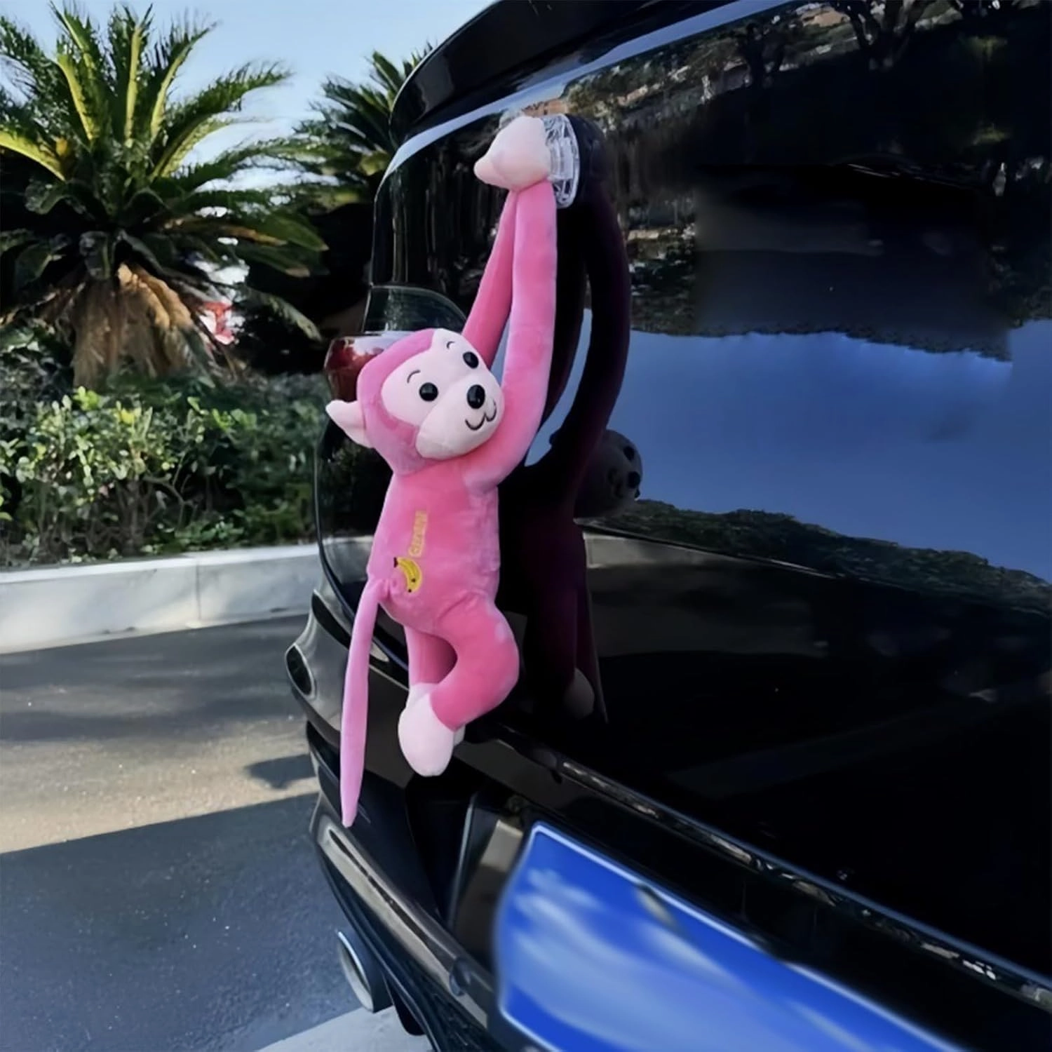 Cute Car Accessories, Hanging Plush Monkey with Safety Suction Cup, Car Tail Exterior Decoration, Suitable for Windows and Interior(Red)