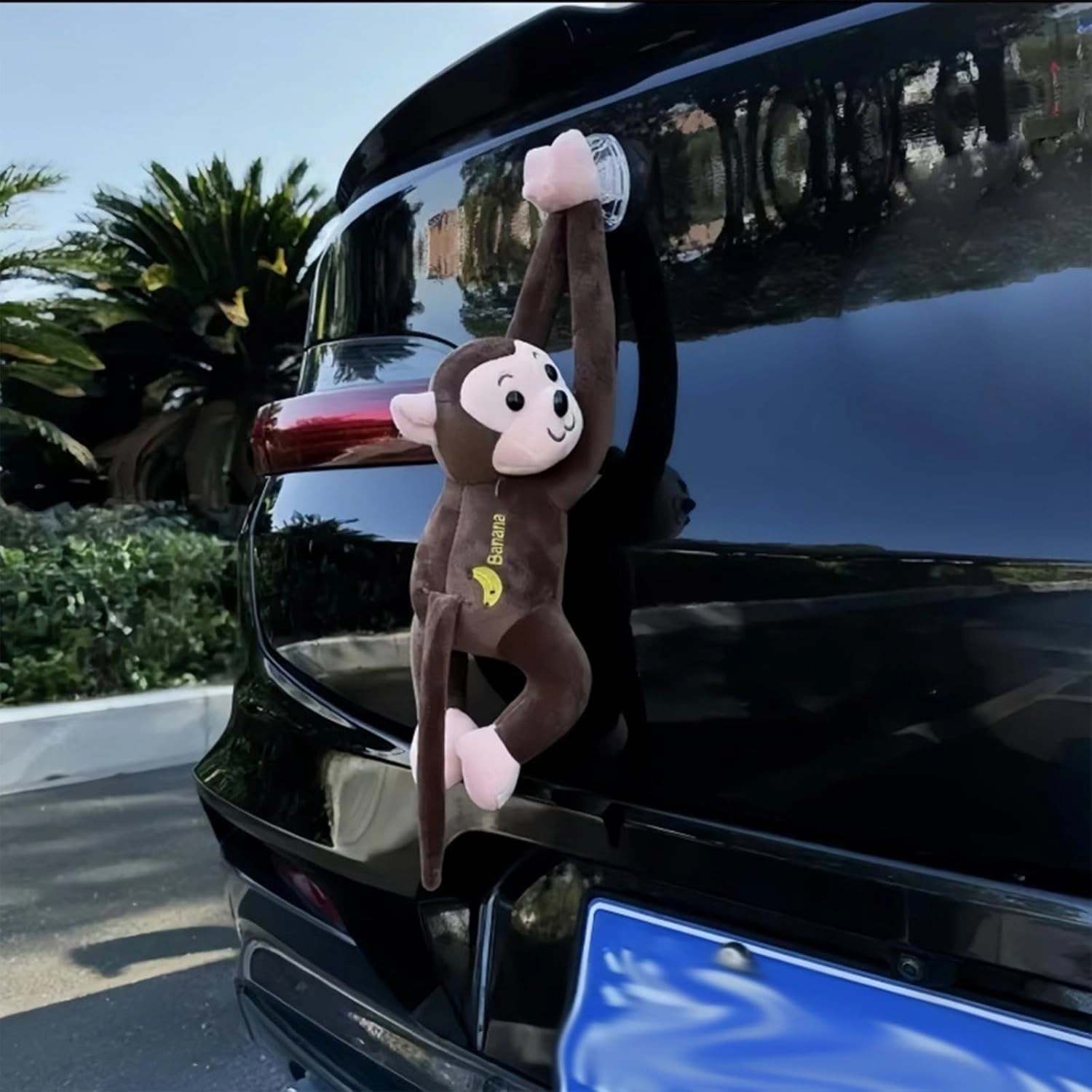 Cute Car Accessories, Hanging Plush Monkey with Safety Suction Cup, Car Tail Exterior Decoration, Suitable for Windows and Interior(Red)