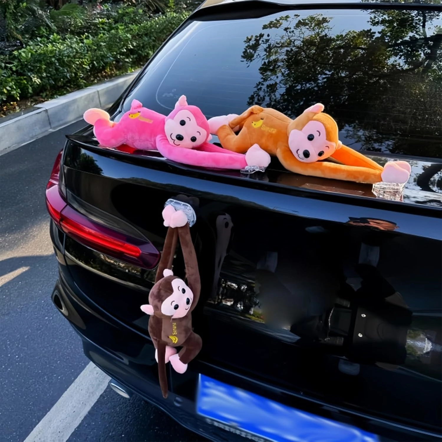 Cute Car Accessories, Hanging Plush Monkey with Safety Suction Cup, Car Tail Exterior Decoration, Suitable for Windows and Interior(Red)