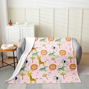 Cute Cartoon Animals Flannel Fleece Blanket Baby 30"x40" Lion Elephant Giraffe Crocodile Plush Throw Blanket Boys Girls Zoon Animals,All Season for Bed Sofa Couch Breathable Wildlife Pink