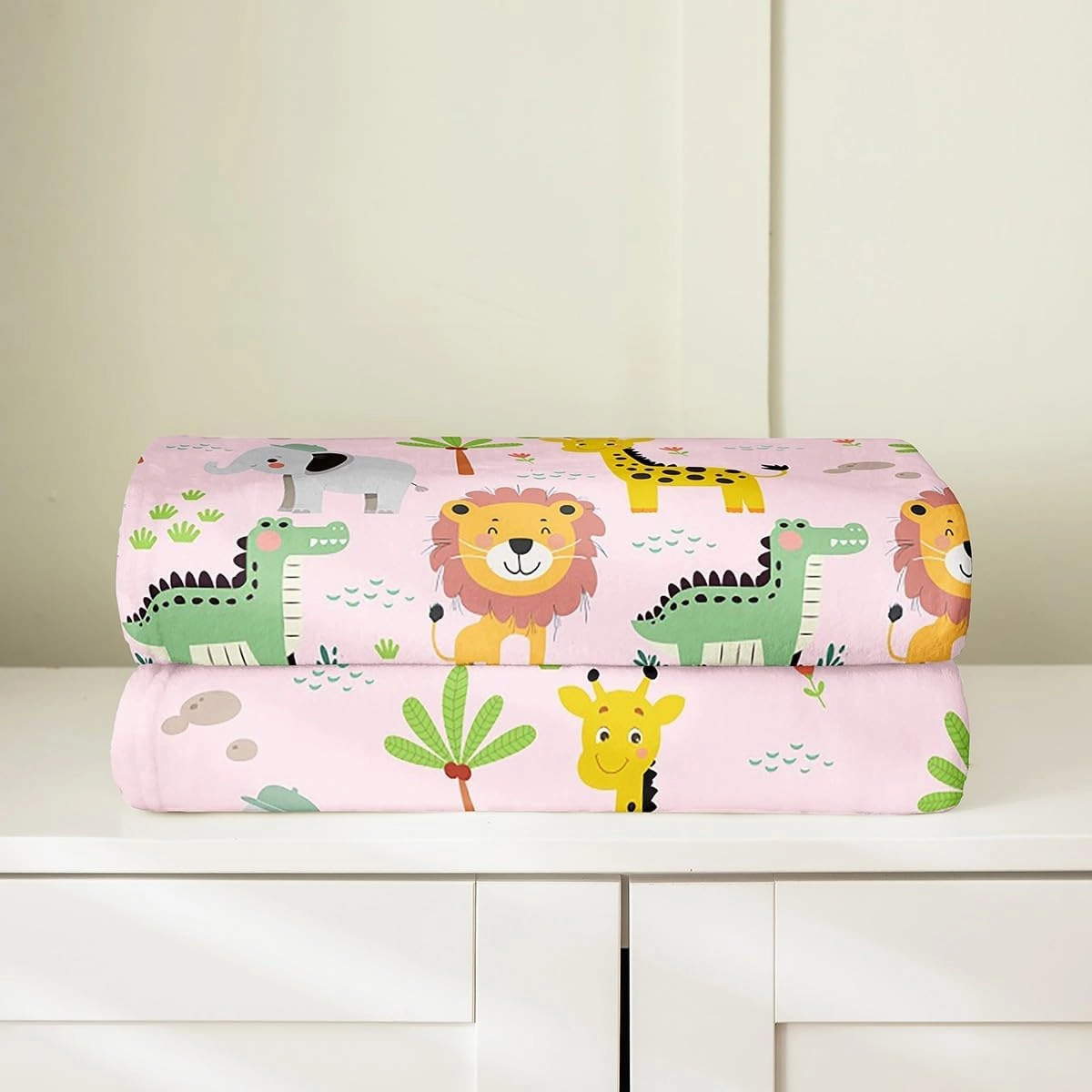 Cute Cartoon Animals Flannel Fleece Blanket Baby 30"x40" Lion Elephant Giraffe Crocodile Plush Throw Blanket Boys Girls Zoon Animals,All Season for Bed Sofa Couch Breathable Wildlife Pink