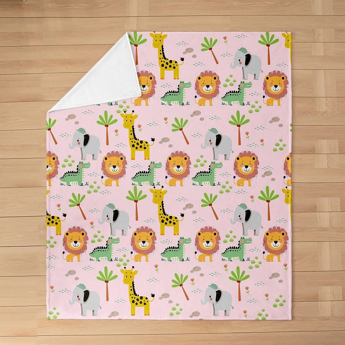 Cute Cartoon Animals Flannel Fleece Blanket Baby 30"x40" Lion Elephant Giraffe Crocodile Plush Throw Blanket Boys Girls Zoon Animals,All Season for Bed Sofa Couch Breathable Wildlife Pink