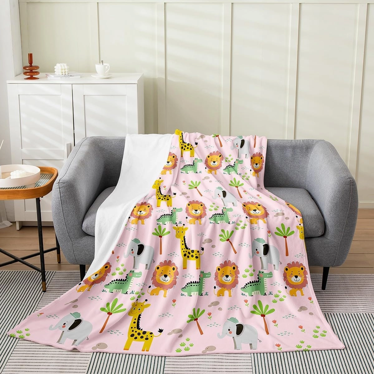 Cute Cartoon Animals Flannel Fleece Blanket Baby 30"x40" Lion Elephant Giraffe Crocodile Plush Throw Blanket Boys Girls Zoon Animals,All Season for Bed Sofa Couch Breathable Wildlife Pink
