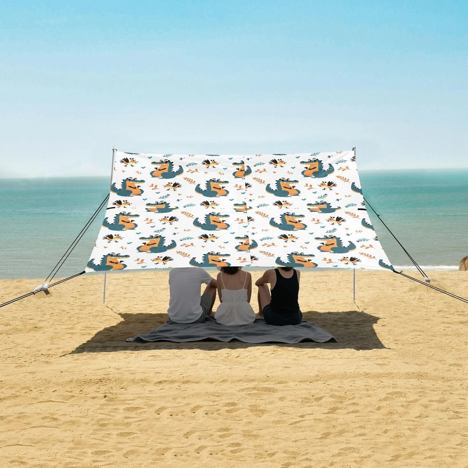 Cute Cartoon Crocodile Bird Beach Canopy Tent Anti-UV & Wind Resistant, Camping Sun Shelter Easy Setup Portable,Outdoor Shade Tents with Sandbags,Sand Shovels,Ground Pegs & Stability Poles