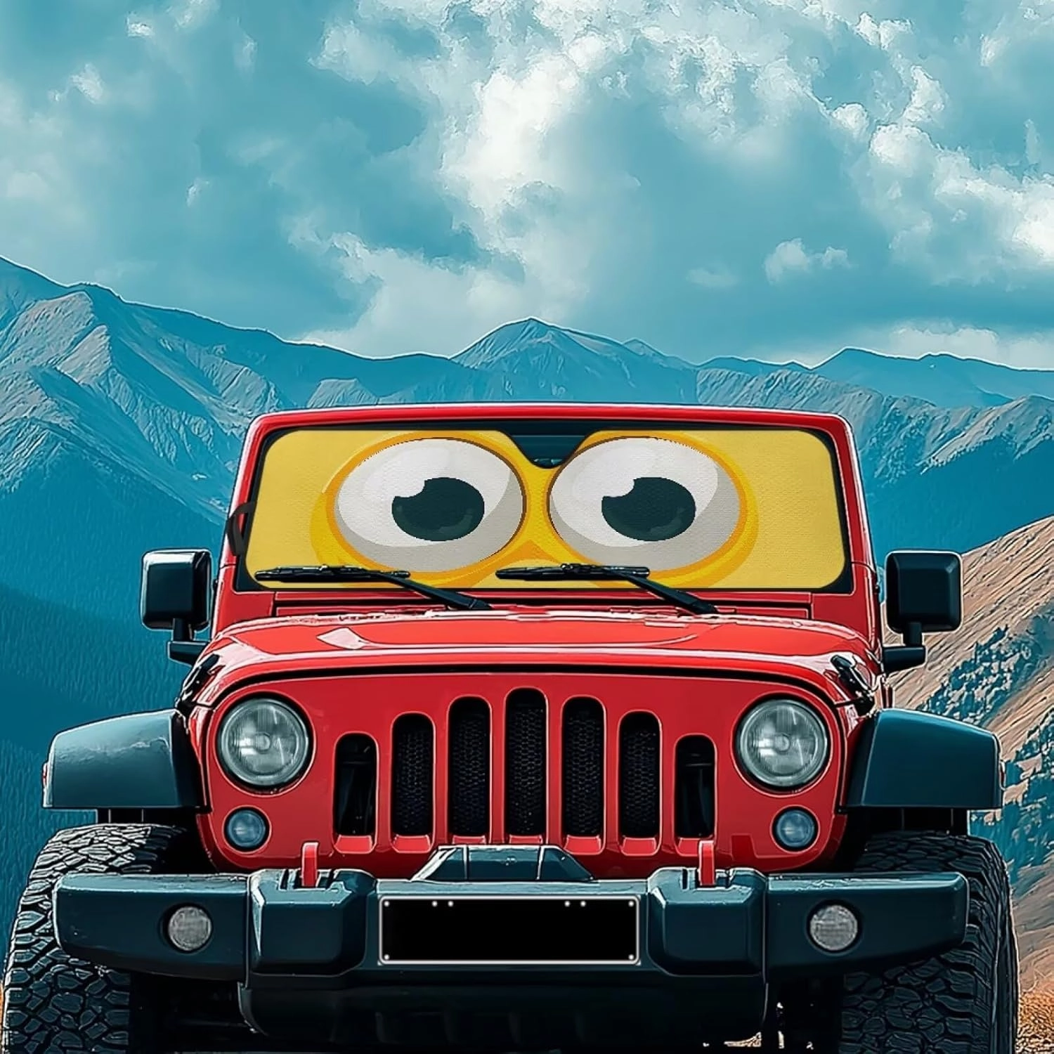 Cute Eyes Windshield Sun Shade for 2007-2023 Wrangler Rubicon Sahara TJ JK JKU 2 & 4 Door-Blocks UV Rays Sun Visor Keep Your Vehicle Cool