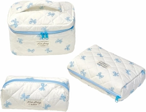 cute makeup bag Set，Kawaii Makeup Bow Bag of 3， Bow bag Zipper Handle Aesthetic Travel Cotton Quilted Cosmetic Bag Set For Women (blue)