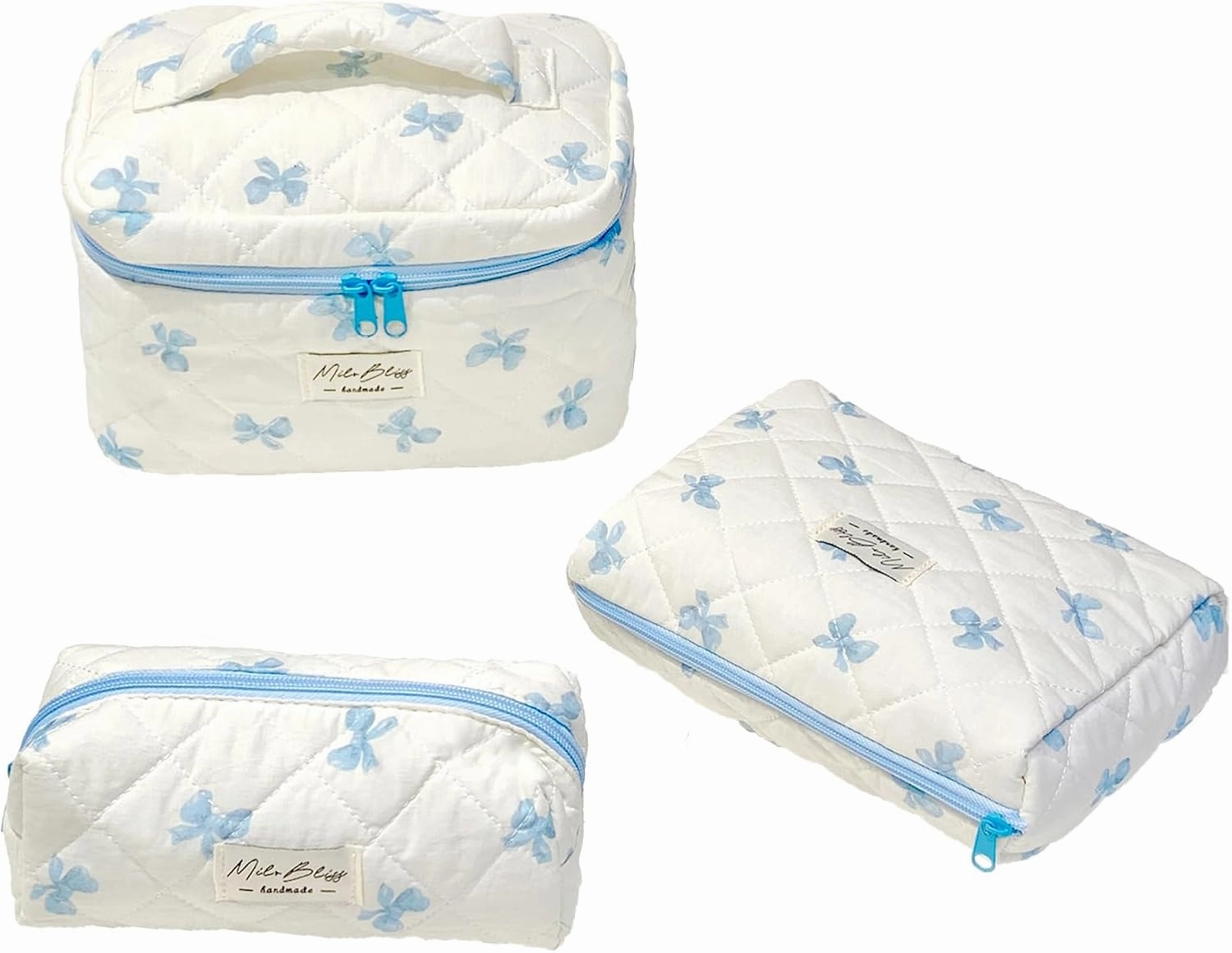 cute makeup bag Set，Kawaii Makeup Bow Bag of 3， Bow bag Zipper Handle Aesthetic Travel Cotton Quilted Cosmetic Bag Set For Women (blue)