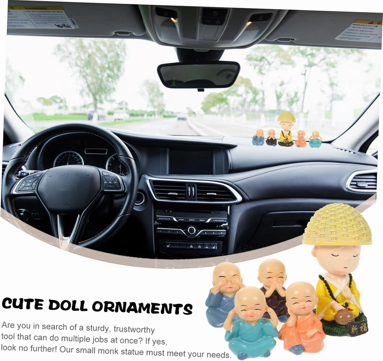 Cute Monk Car Ornament Figurine Resin Statue for Dashboard Decorations Home Office Decor
