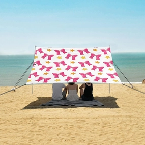 Cute Pink Bows and Stars Beach Canopy Tent Anti-UV & Wind Resistant, Camping Sun Shelter Easy Setup Portable,Outdoor Shade Tents with Sandbags,Sand Shovels,Ground Pegs & Stability Poles