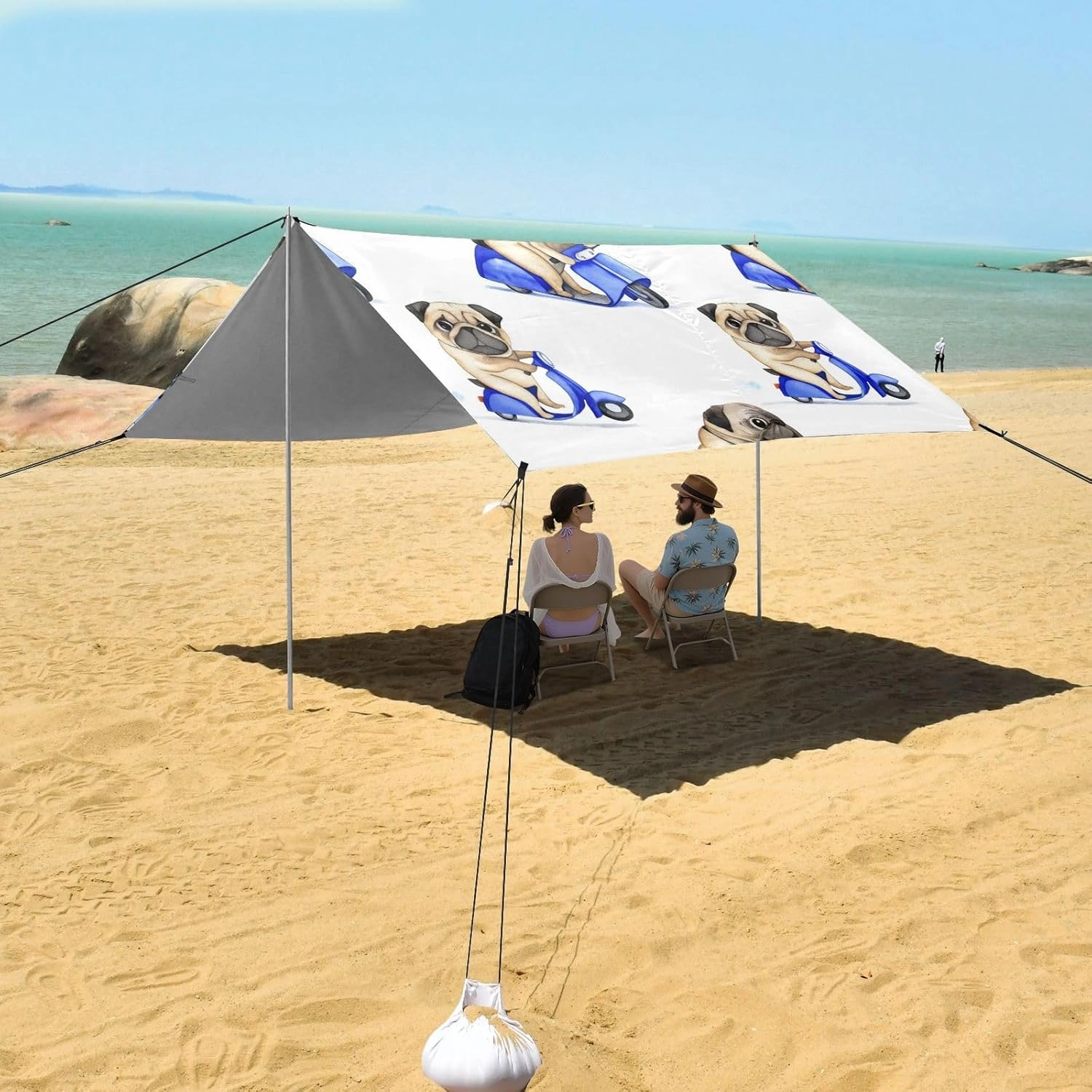Cute Pug Riding Scooter White Tent Beach Canopy Outdoor Sun Shade Patio Large Portable Camping Shelter 9.2 × 10.5 FT Shelters with Sand Anchor Poles