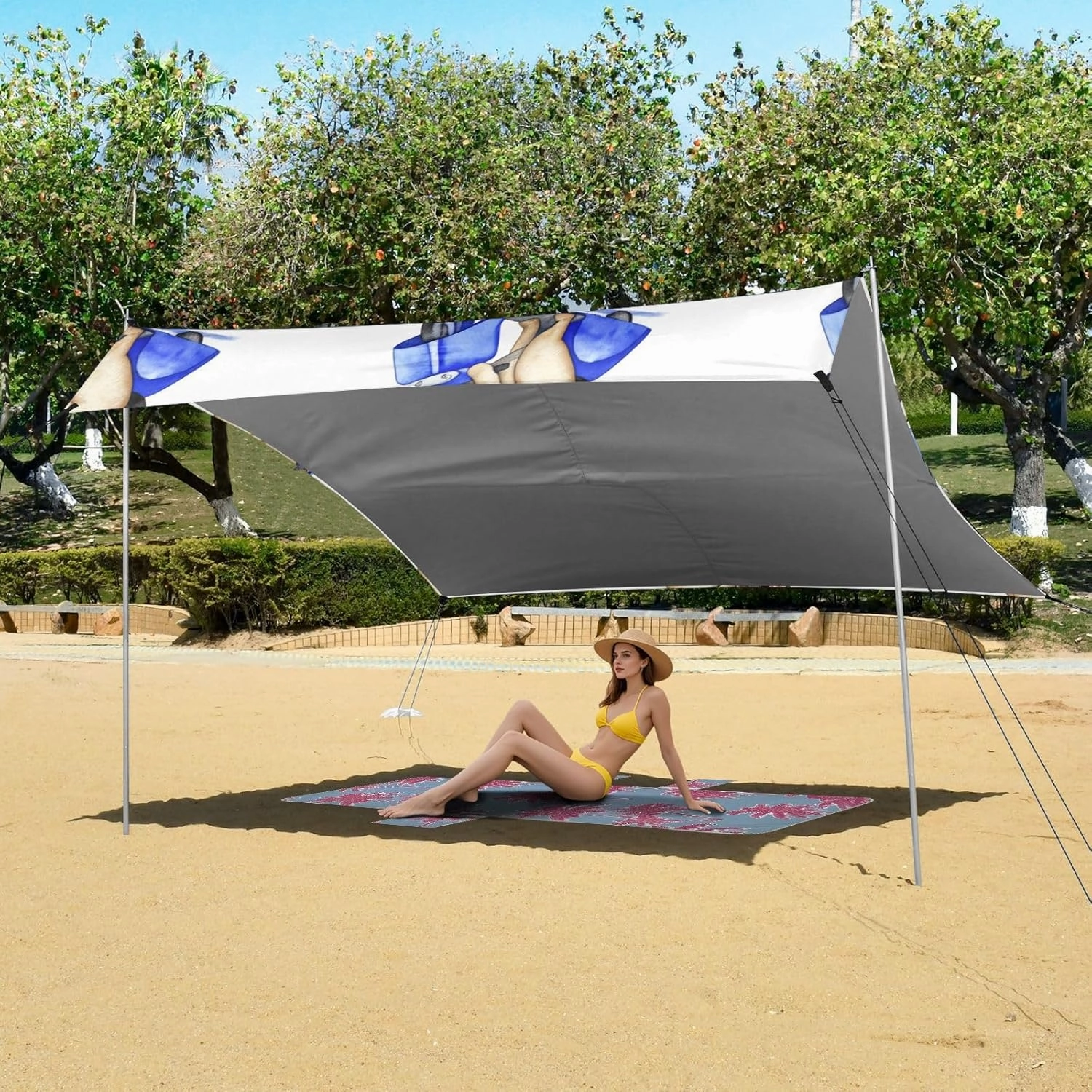 Cute Pug Riding Scooter White Tent Beach Canopy Outdoor Sun Shade Patio Large Portable Camping Shelter 9.2 × 10.5 FT Shelters with Sand Anchor Poles