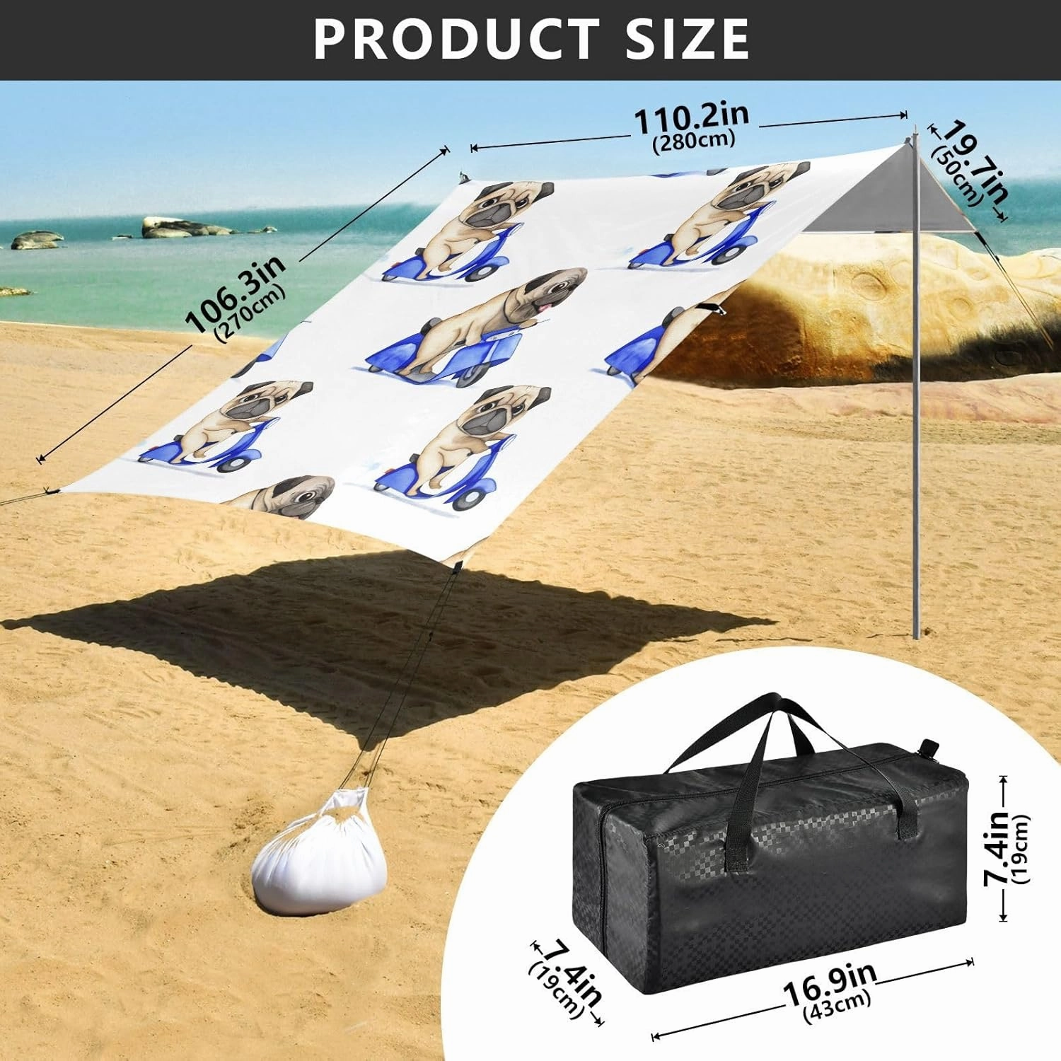 Cute Pug Riding Scooter White Tent Beach Canopy Outdoor Sun Shade Patio Large Portable Camping Shelter 9.2 × 10.5 FT Shelters with Sand Anchor Poles