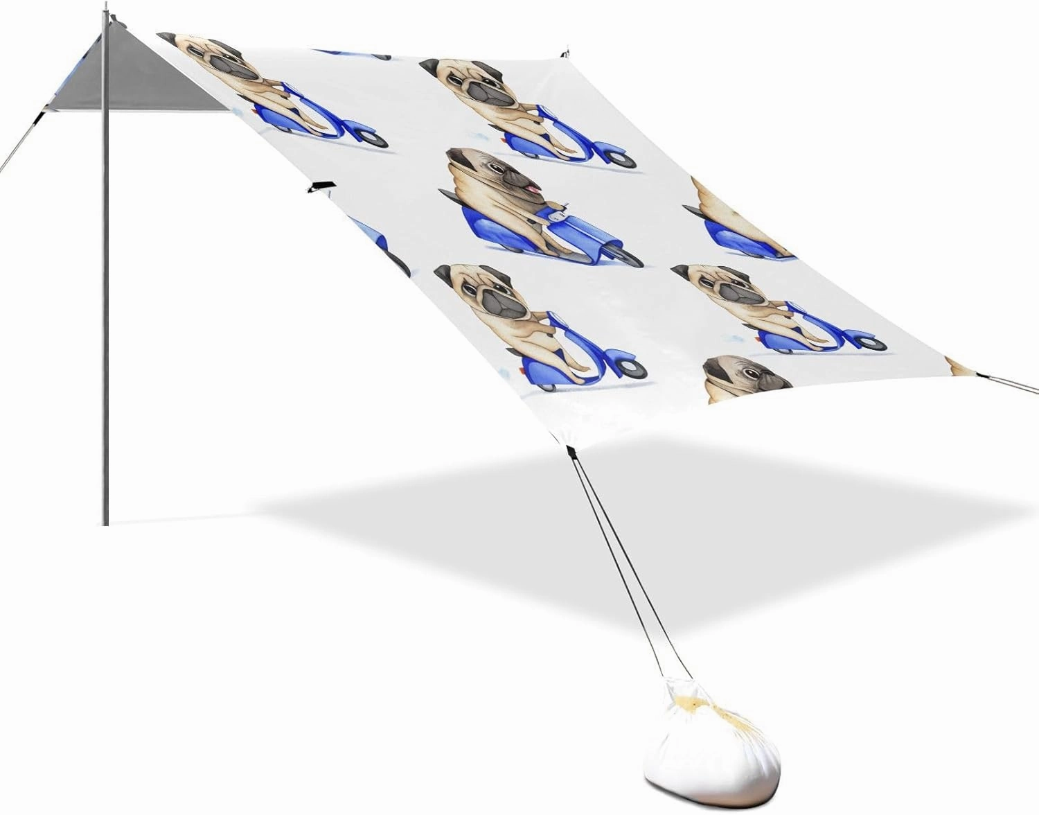 Cute Pug Riding Scooter White Tent Beach Canopy Outdoor Sun Shade Patio Large Portable Camping Shelter 9.2 × 10.5 FT Shelters with Sand Anchor Poles
