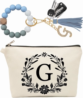 Cute Small Makeup Bag Personalized, Silicone Beaded Wristlet Bracelet Keychain with Initial, Flower Canvas Makeup Pouch Cosmetic Bag, Gift for Women, Teacher, Bridesmaids (Letter G)