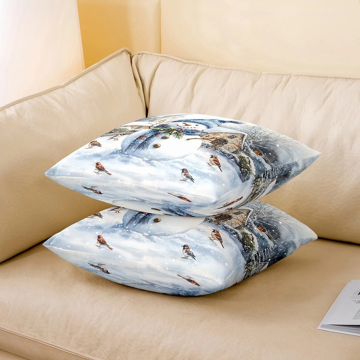 Cute Snowman Throw Pillow Cover Cartoon Watercolor Birds Wild Plants Cushion Cover for Kids Teens Adults Christmas Rustic Farmhouse Style Cushion Case for Living Room 20x20 Inch