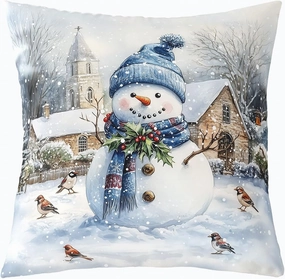 Cute Snowman Throw Pillow Cover Cartoon Watercolor Birds Wild Plants Cushion Cover for Kids Teens Adults Christmas Rustic Farmhouse Style Cushion Case for Living Room 20x20 Inch