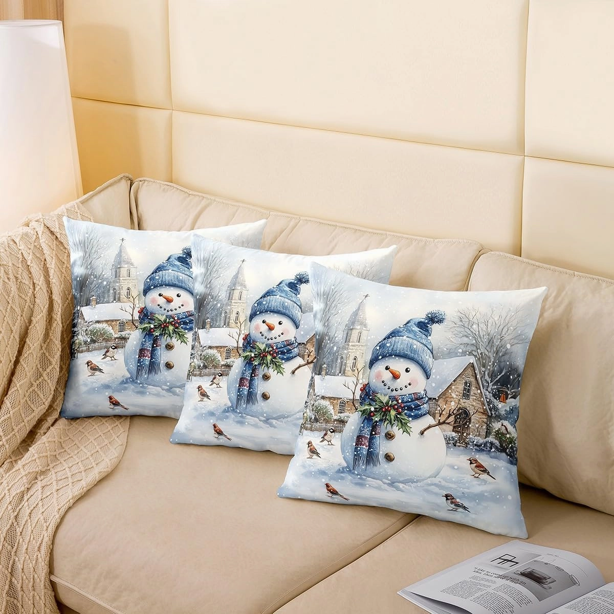 Cute Snowman Throw Pillow Cover Cartoon Watercolor Birds Wild Plants Cushion Cover for Kids Teens Adults Christmas Rustic Farmhouse Style Cushion Case for Living Room 20x20 Inch