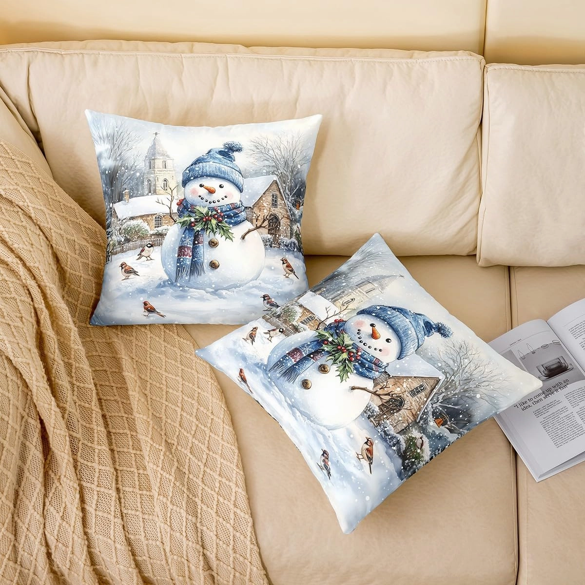 Cute Snowman Throw Pillow Cover Cartoon Watercolor Birds Wild Plants Cushion Cover for Kids Teens Adults Christmas Rustic Farmhouse Style Cushion Case for Living Room 20x20 Inch