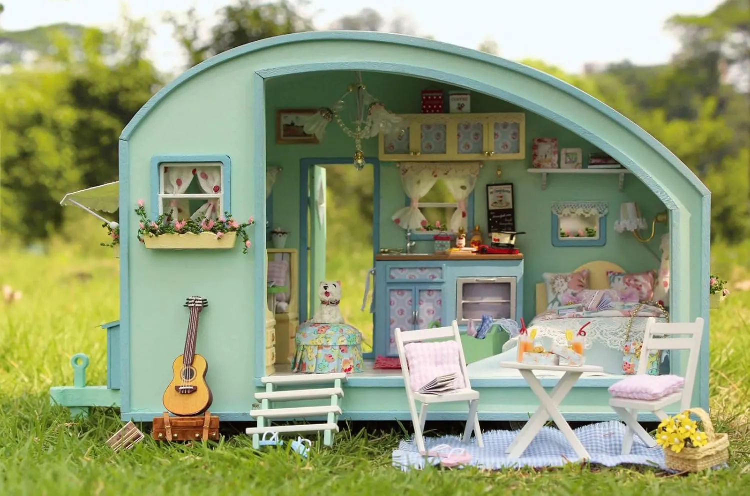 CUTEROOM DIY Miniature Wooden Caravan Dollhouse Kit with Furniture - Creative Mini Doll House Craft for Adults, Teens for Women & Girls