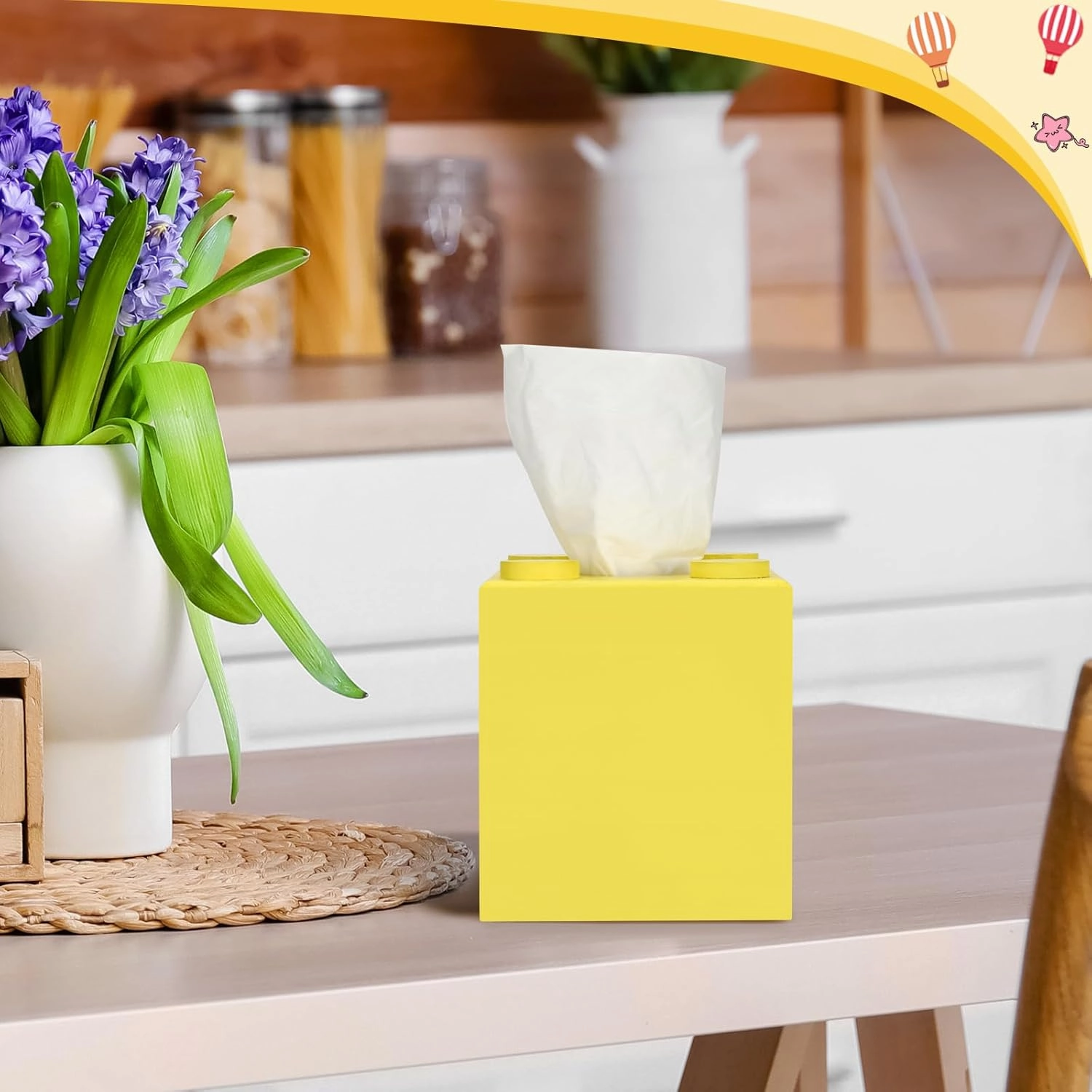CypherX Wood Tissue Box Cover, Tissue Box Cover Square, Building Blocks Tissue Box Holder with Slide-Out Bottom, Cute Home Decor for Bathroom Living Room Office Kitchen (Yellow, Small)