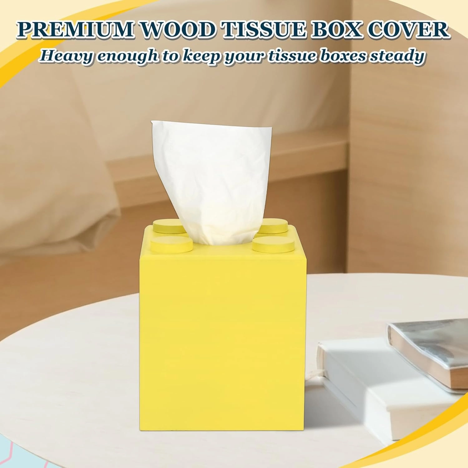 CypherX Wood Tissue Box Cover, Tissue Box Cover Square, Building Blocks Tissue Box Holder with Slide-Out Bottom, Cute Home Decor for Bathroom Living Room Office Kitchen (Yellow, Small)