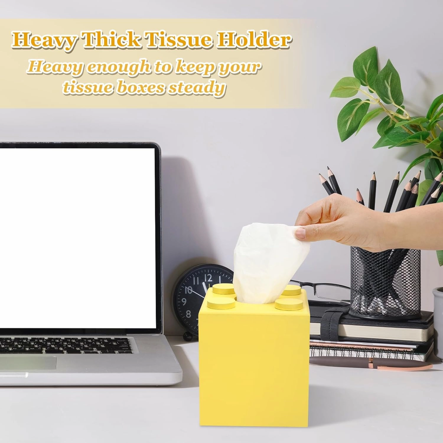 CypherX Wood Tissue Box Cover, Tissue Box Cover Square, Building Blocks Tissue Box Holder with Slide-Out Bottom, Cute Home Decor for Bathroom Living Room Office Kitchen (Yellow, Small)