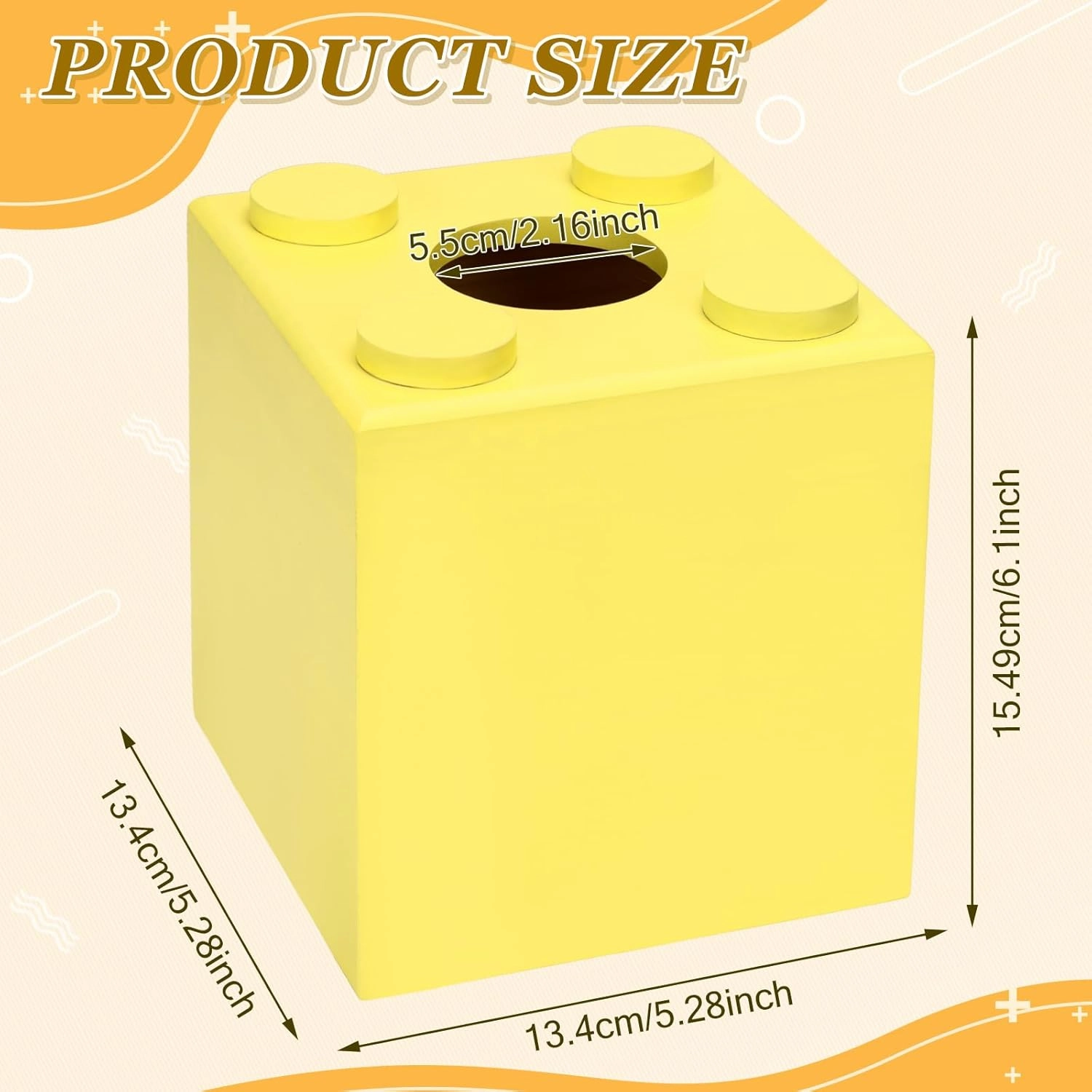CypherX Wood Tissue Box Cover, Tissue Box Cover Square, Building Blocks Tissue Box Holder with Slide-Out Bottom, Cute Home Decor for Bathroom Living Room Office Kitchen (Yellow, Small)