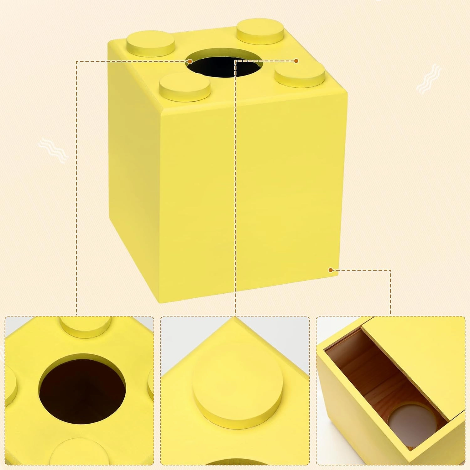 CypherX Wood Tissue Box Cover, Tissue Box Cover Square, Building Blocks Tissue Box Holder with Slide-Out Bottom, Cute Home Decor for Bathroom Living Room Office Kitchen (Yellow, Small)