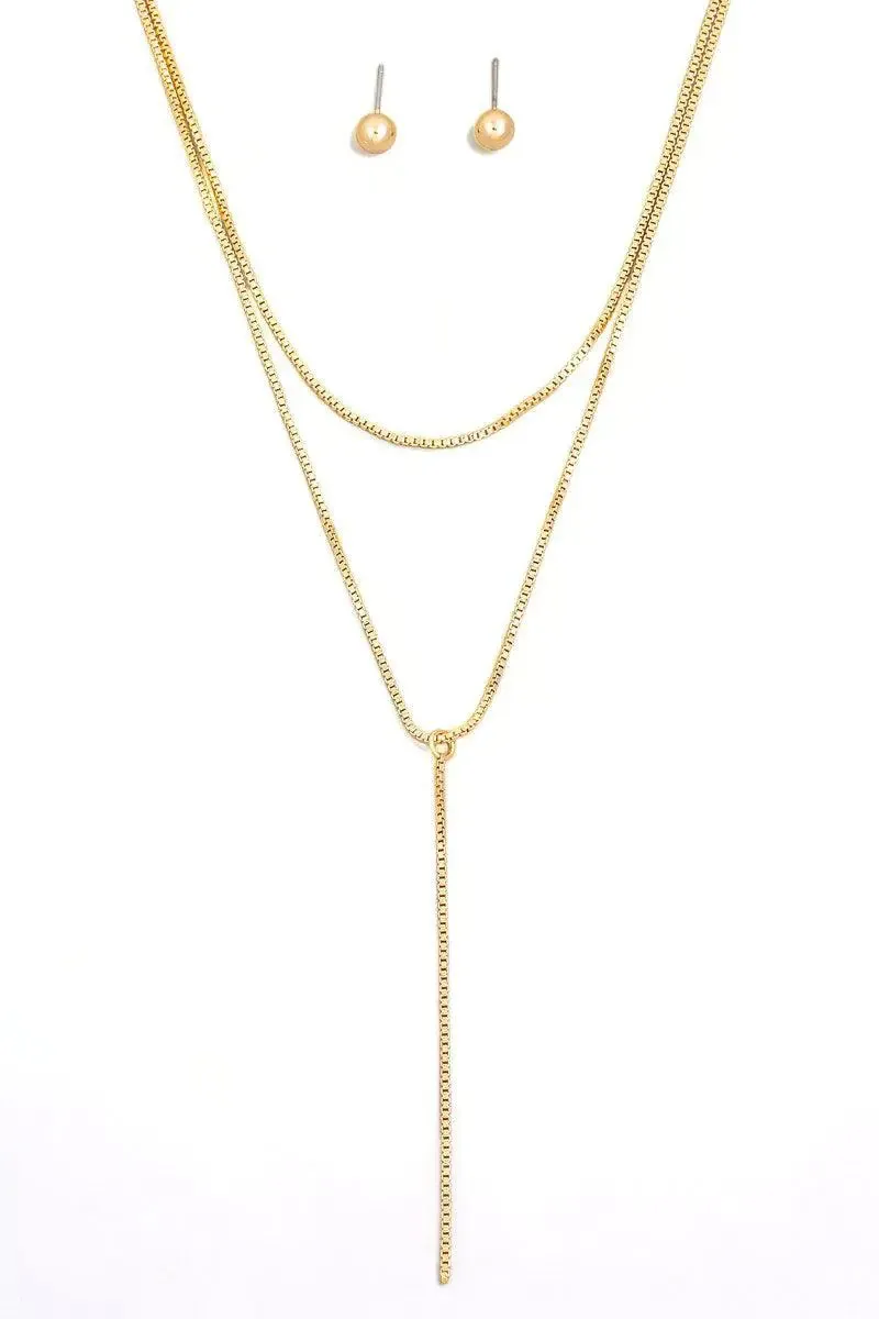 Dainty Layered Chain Lariat Necklace Ball Earrings Set