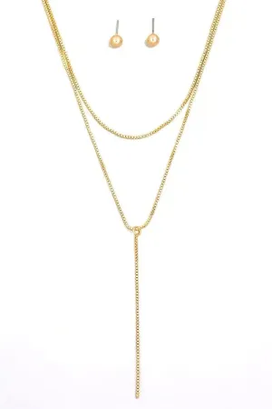 Dainty Layered Chain Lariat Necklace Ball Earrings Set