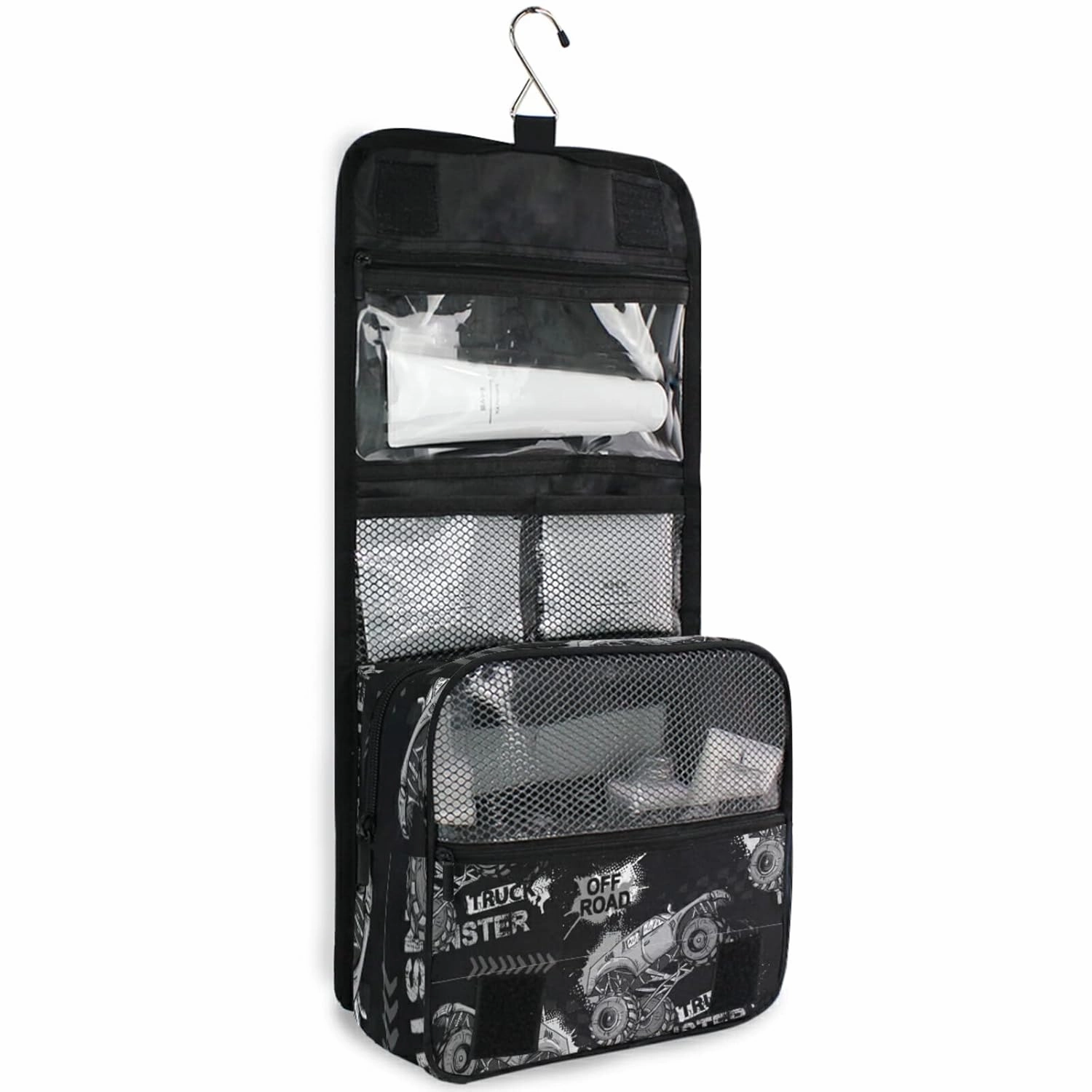 Dark Grey Truck Car, Trace of Tire, Drive and Speed on Black Dark Travel Cosmetic Bag, Hanging Toiletry Wash bag, Portable Makeup Organizer Brush Case, Storage Bag with Hook for Bathroom Toilet
