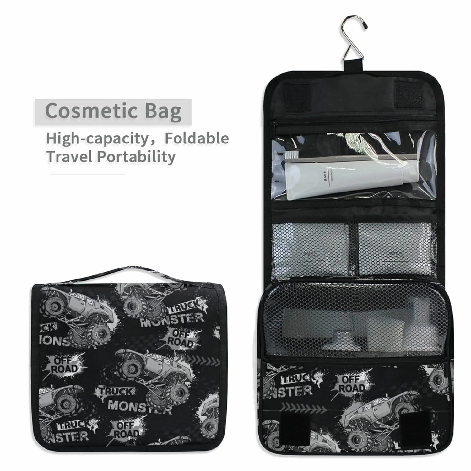 Dark Grey Truck Car, Trace of Tire, Drive and Speed on Black Dark Travel Cosmetic Bag, Hanging Toiletry Wash bag, Portable Makeup Organizer Brush Case, Storage Bag with Hook for Bathroom Toilet