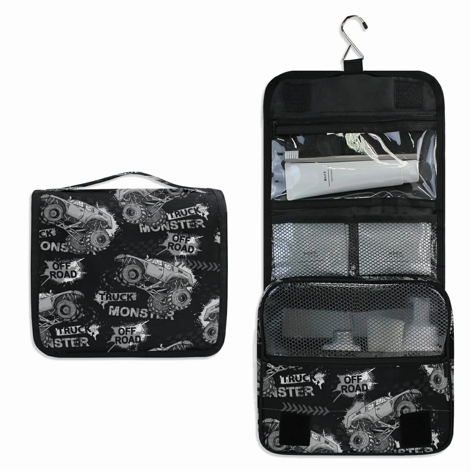 Dark Grey Truck Car, Trace of Tire, Drive and Speed on Black Dark Travel Cosmetic Bag, Hanging Toiletry Wash bag, Portable Makeup Organizer Brush Case, Storage Bag with Hook for Bathroom Toilet